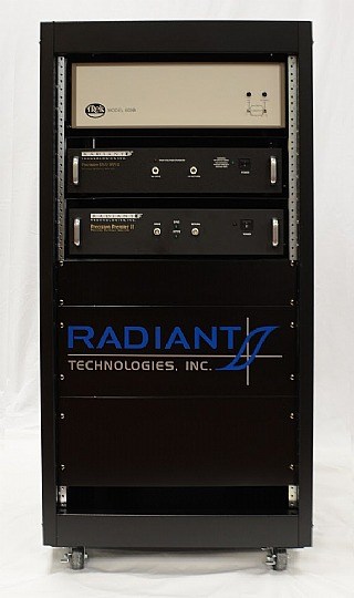 Image of a rack containing a Radiant Technologies Precision Premier 2, a Radiant Technologies High Voltage Interface, and a Trek Model 609B Amplifier