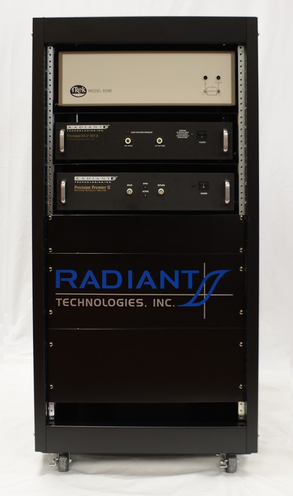 Image of a rack containing a Radiant Technologies Precision Premier 2, a Radiant Technologies High Voltage Interface, and a Trek Model 609B Amplifier
