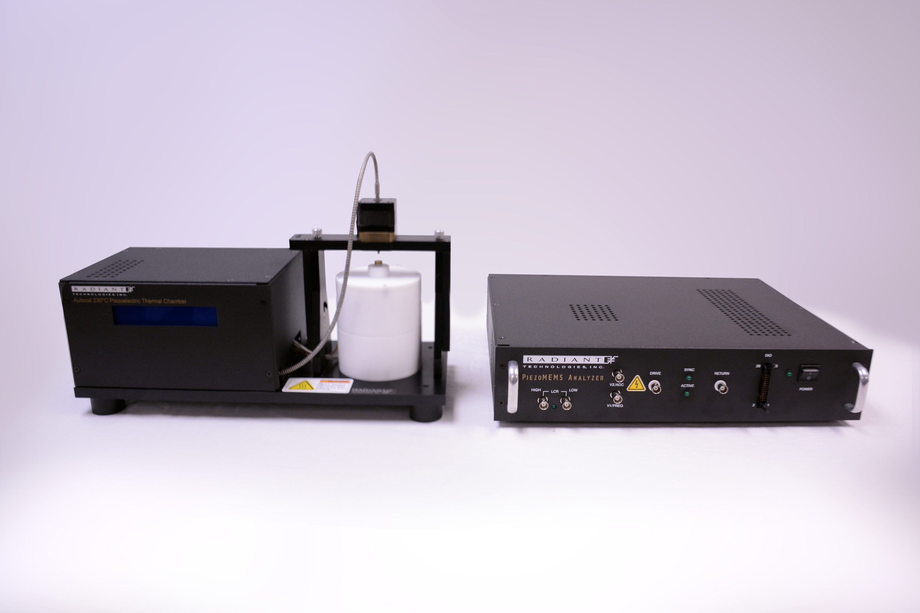 Image of a Radiant Technologies Piezoelectric Testing setup utilizing a Radiant Technologies AutoCal 230°C and a Radiant Technologies PiezoMEMS Analyzer