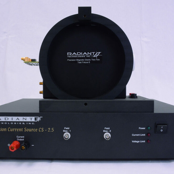 Image of a magneto electric test setup using a Radiant Technologies Precision Current Source CS 2.5 and a Radiant Technologies Precision Magneto Electric Thin Film Test Fixture